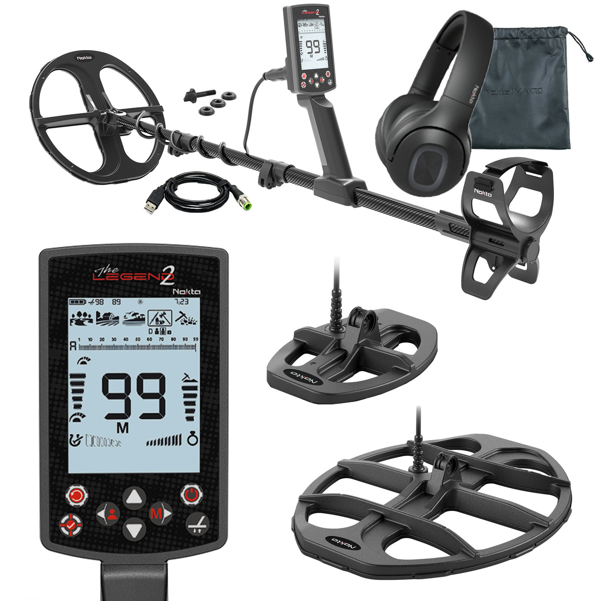 Nokta Legend metal detector with headphones, control pod and extra coil, on white background