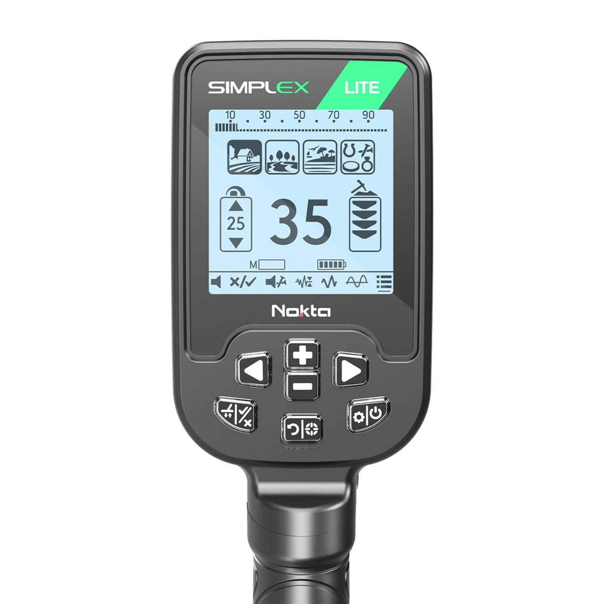 Nokta Simplex LITE LCD display showing target ID and control panel.