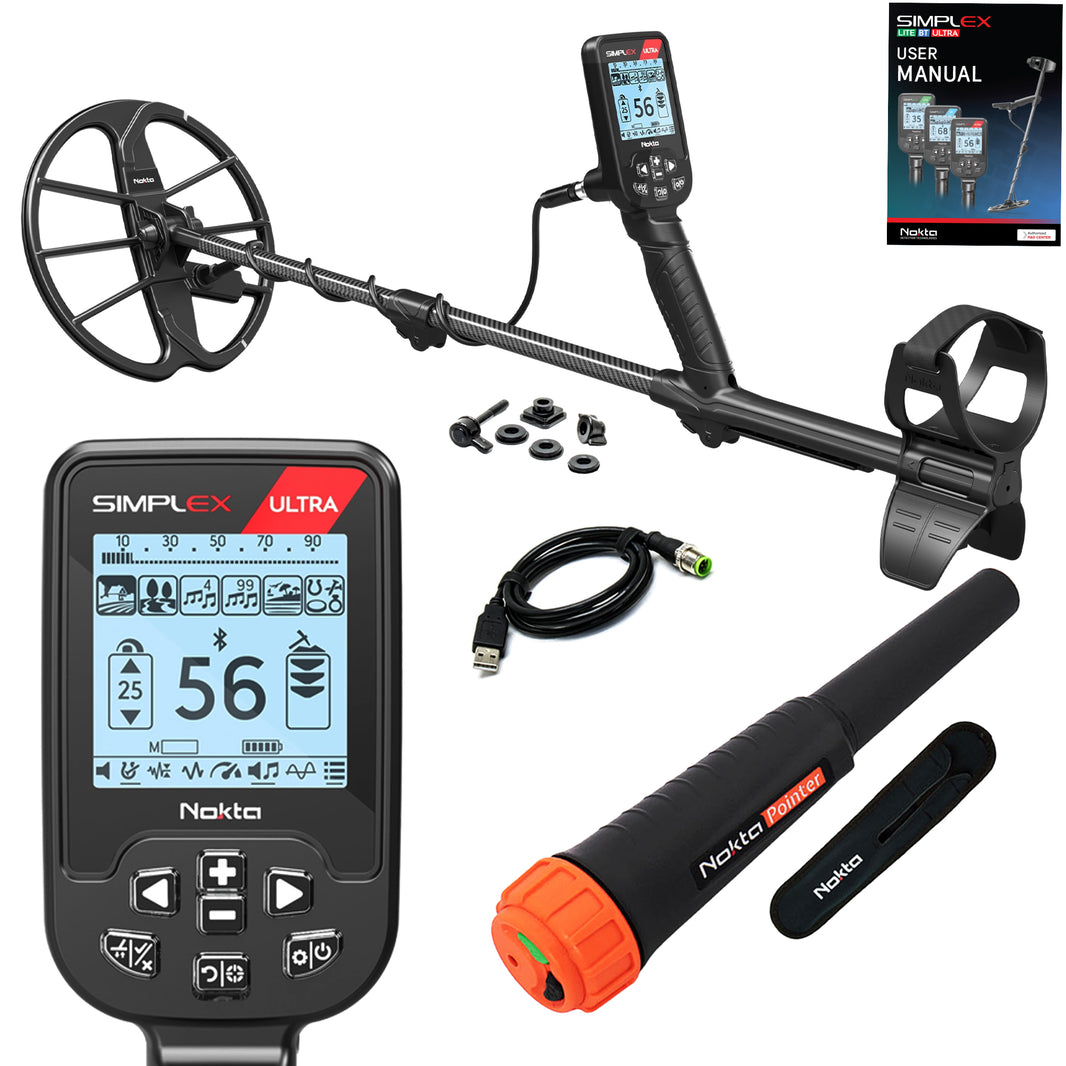 Nokta Simplex Ultra metal detector with black and orange pinpointer on white background