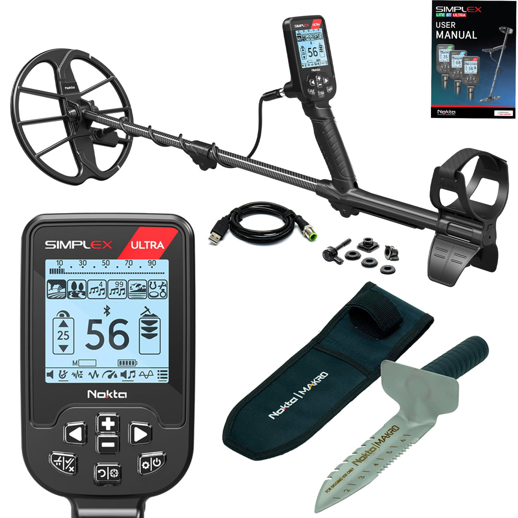 Nokta Simplex Ultra waterproof metal detector with 11-inch coil and premium digging tool starter package.