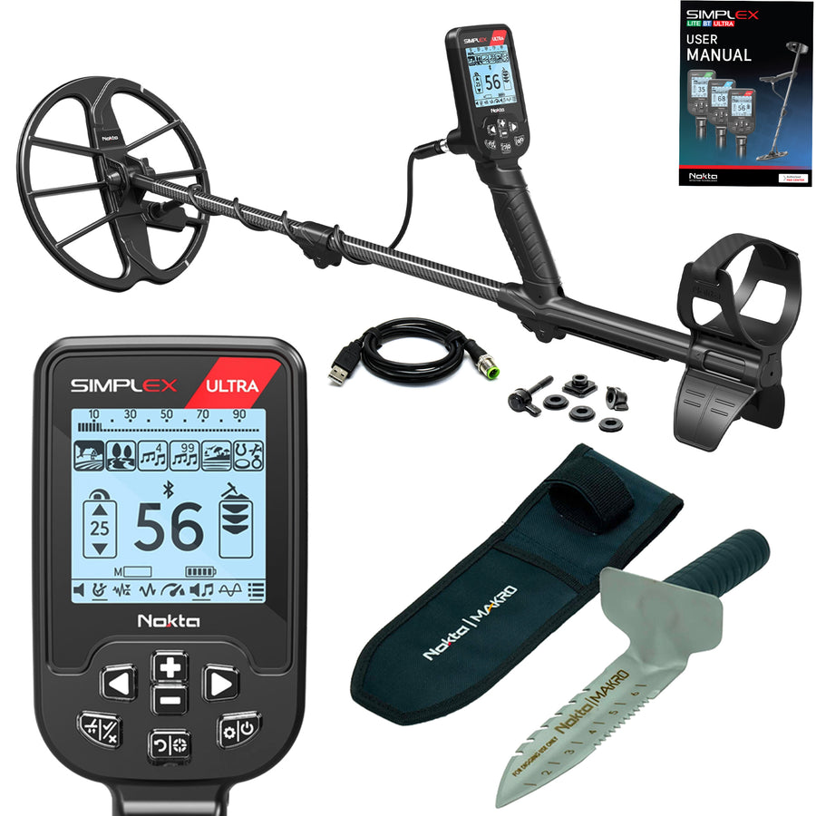 Nokta Simplex Ultra waterproof metal detector with 11-inch coil and premium digging tool starter package
