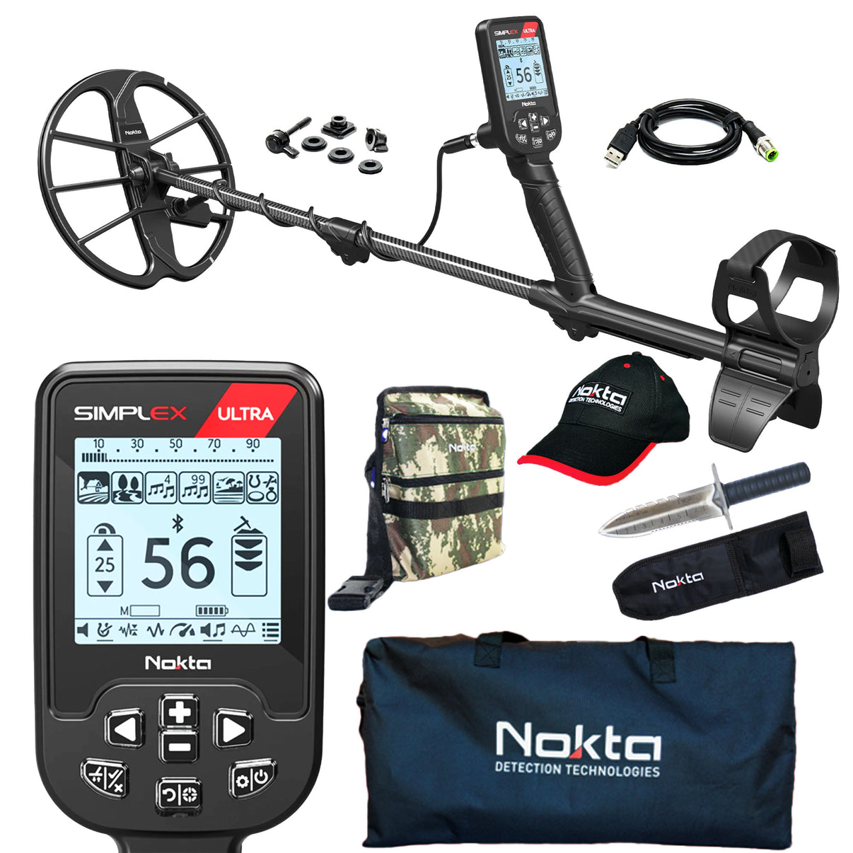 Nokta Simplex Ultra Waterproof Metal Detector set with accessories including a Finds Pouch, Hat, Digger, and Carry Bag displayed on a white background.