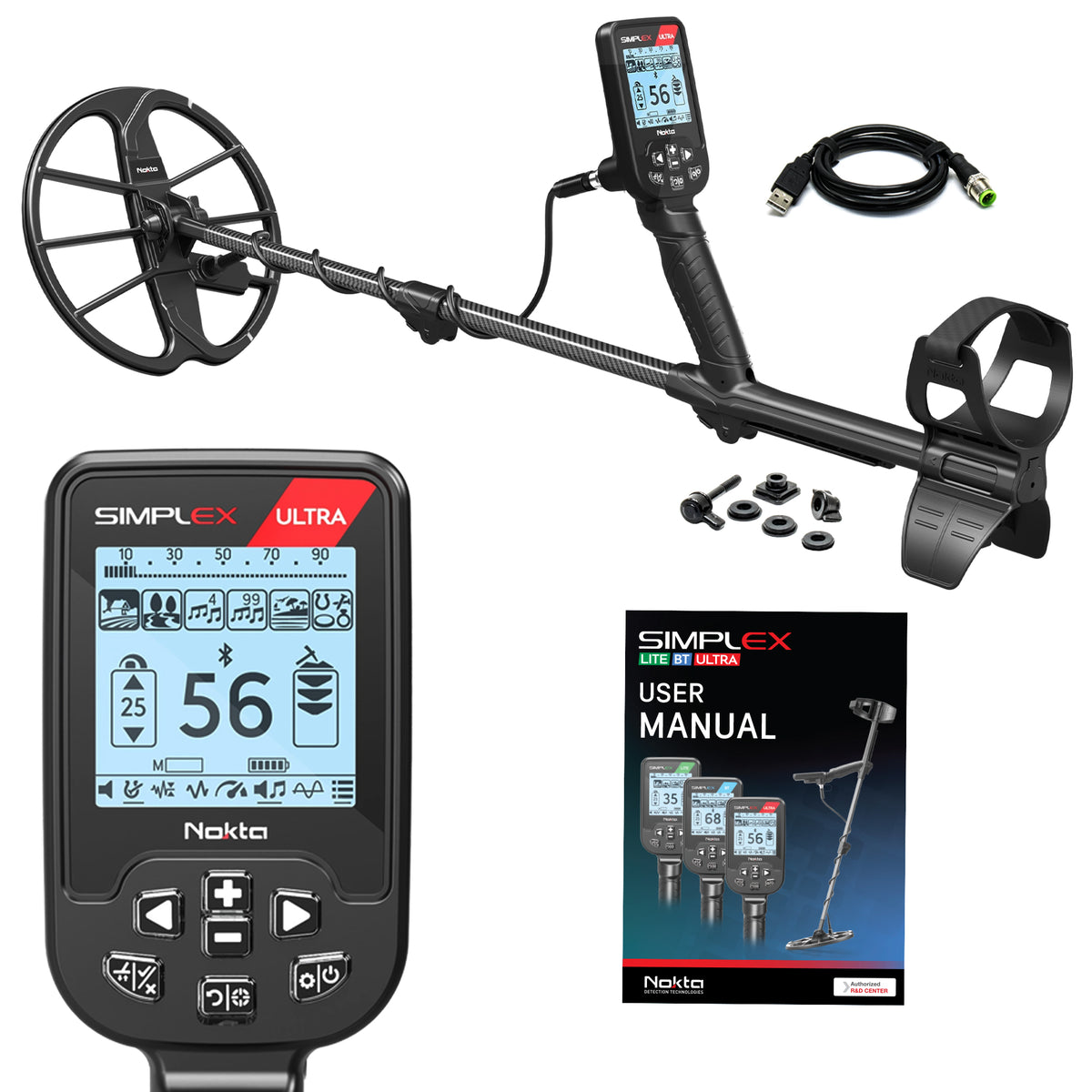 Nokta Simplex Ultra waterproof metal detector with 11-inch DD coil and carbon-fiber shaft on white background.