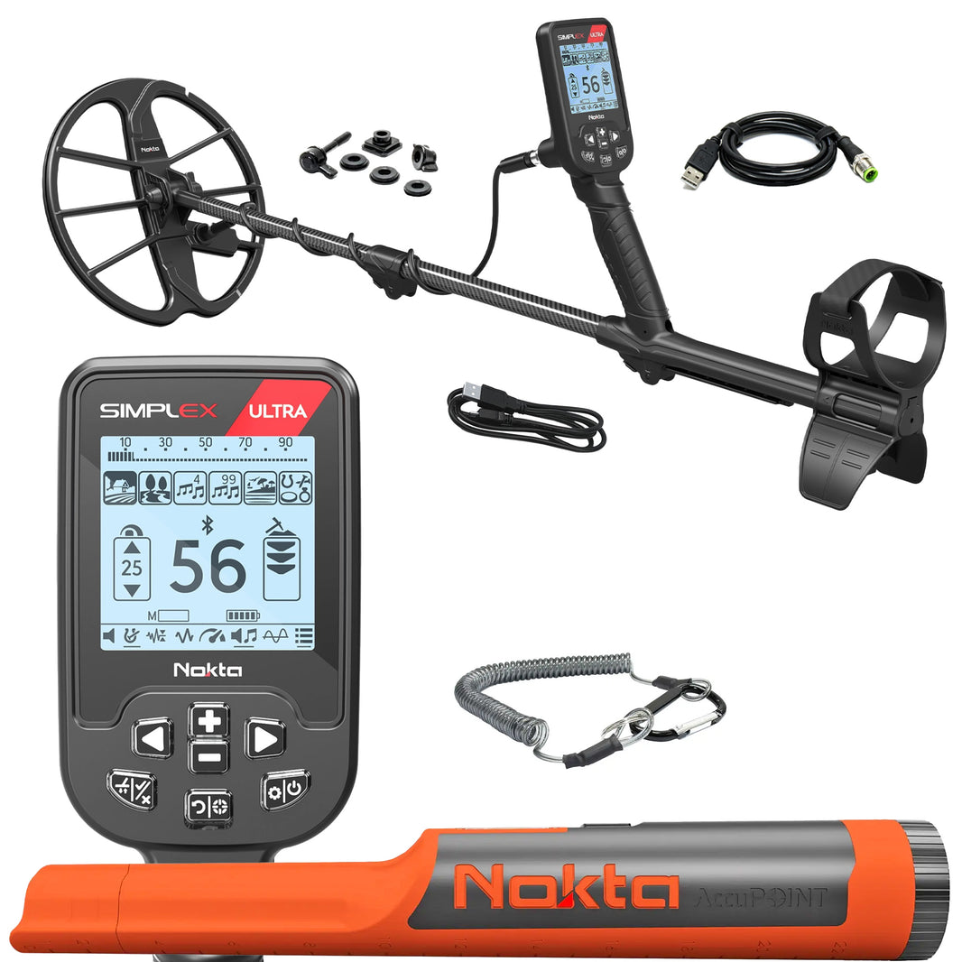 black Nokta Simplex Ultra Metal Detector with control box, lanyard, hardware, charge cords, and orange and black  AccuPOINT Lite pinpointer on white background