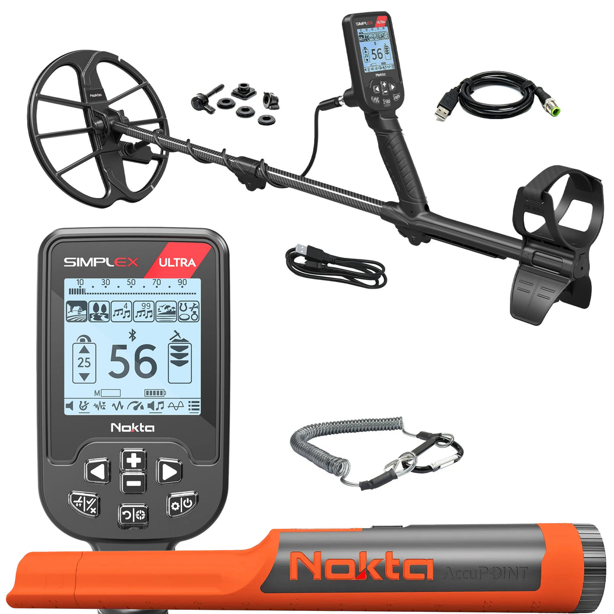 black Nokta Simplex Ultra Metal Detector with control box, lanyard, hardware, charge cords, and orange and black  AccuPOINT Lite pinpointer on white background