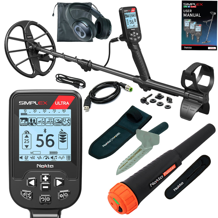 Nokta Simplex Ultra WHP complete package with detector, wireless headphones, pinpointer and digger