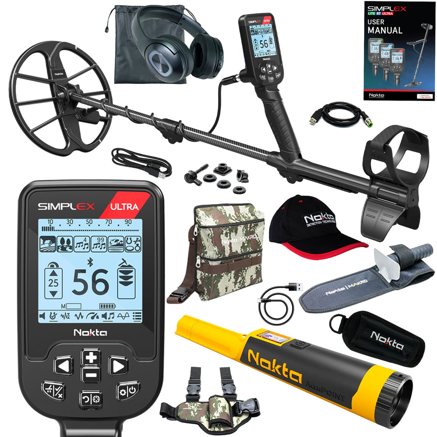 Nokta Simplex Ultra WHP metal detector with wireless headphones and complete accessory kit