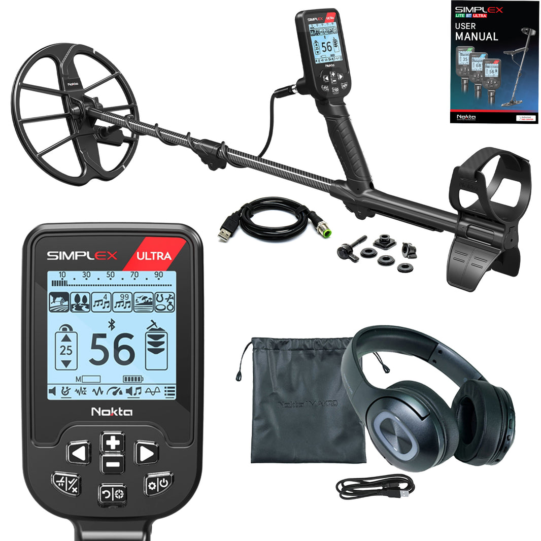 Nokta Simplex Ultra WHP metal detector with wireless headphones on white background