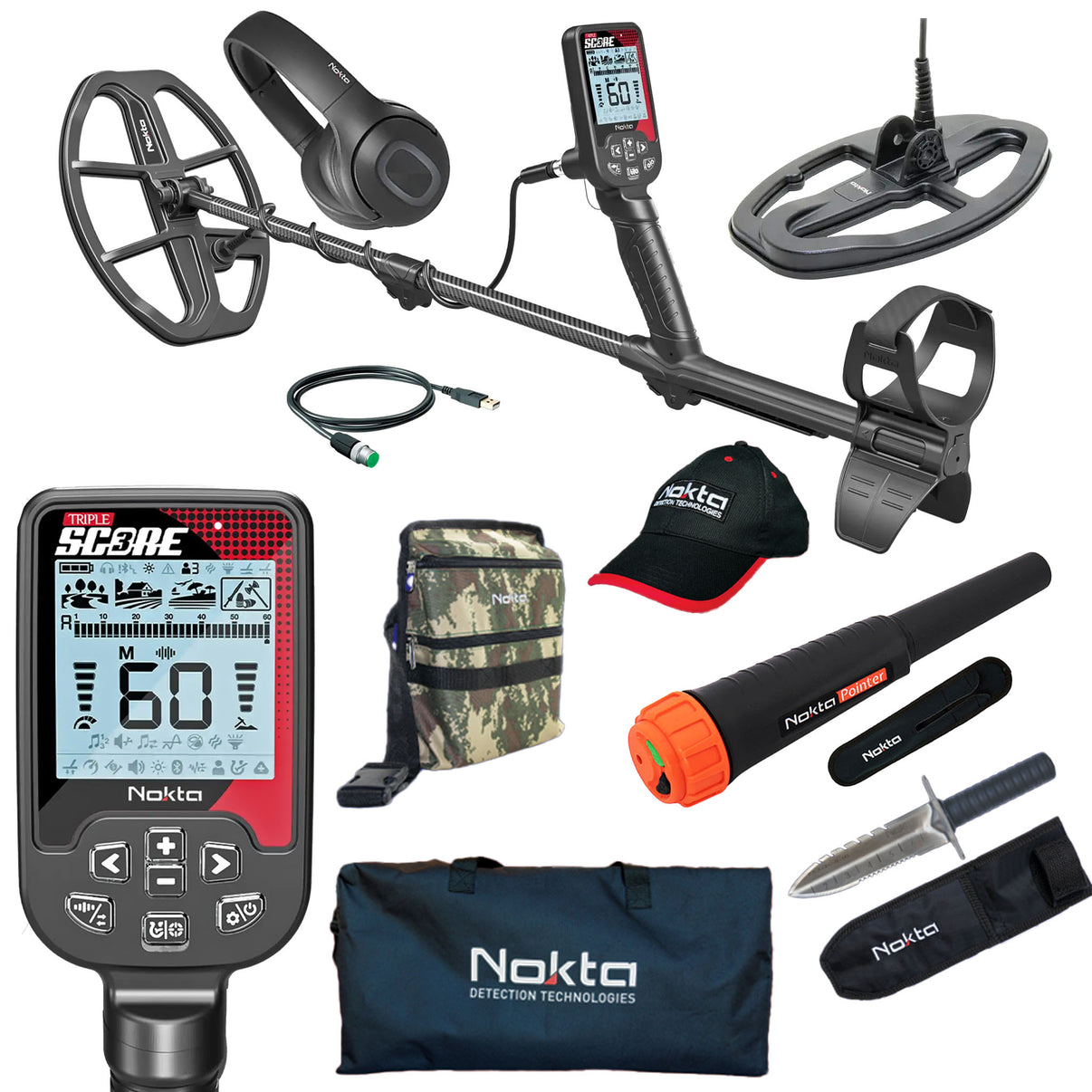 An image showcasing the Nokta Triple Score PRO PACK Metal Detector along with various accessories including a waterproof pinpointer, a premium digger with belt holster, an embroidered hat, and a universal carry bag.