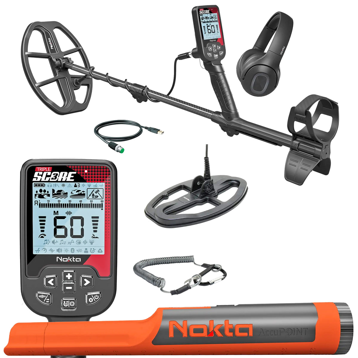The Nokta Triple Score Pro Pack with included wireless headphones, charging cable, search coils, lanyard, control pod and free AccuPOINT LITE pinpointer.