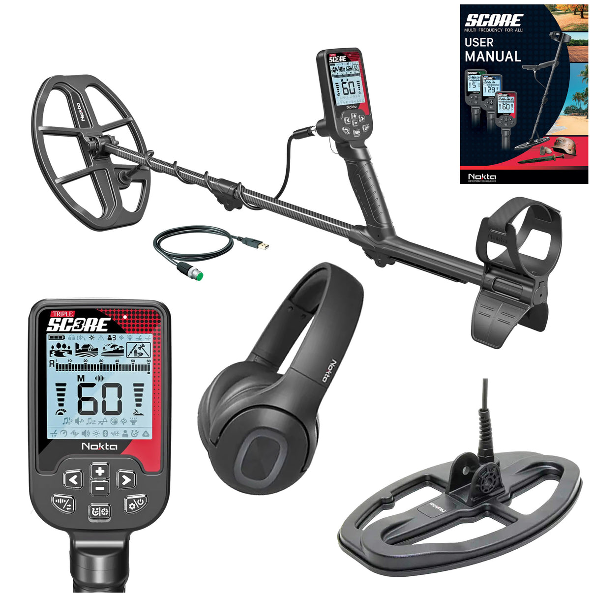 Nokta Triple Score metal detector set including the detector with a digital display, a black waterproof search coil, a black headset, a USB charging cable, and a product manual.