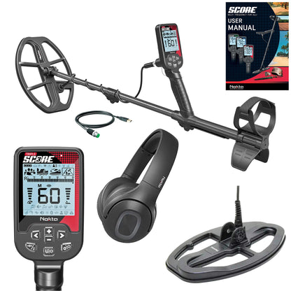Nokta Triple Score Pro Pack multi-frequency metal detector with dual coils and wireless headphones on white backdrop.