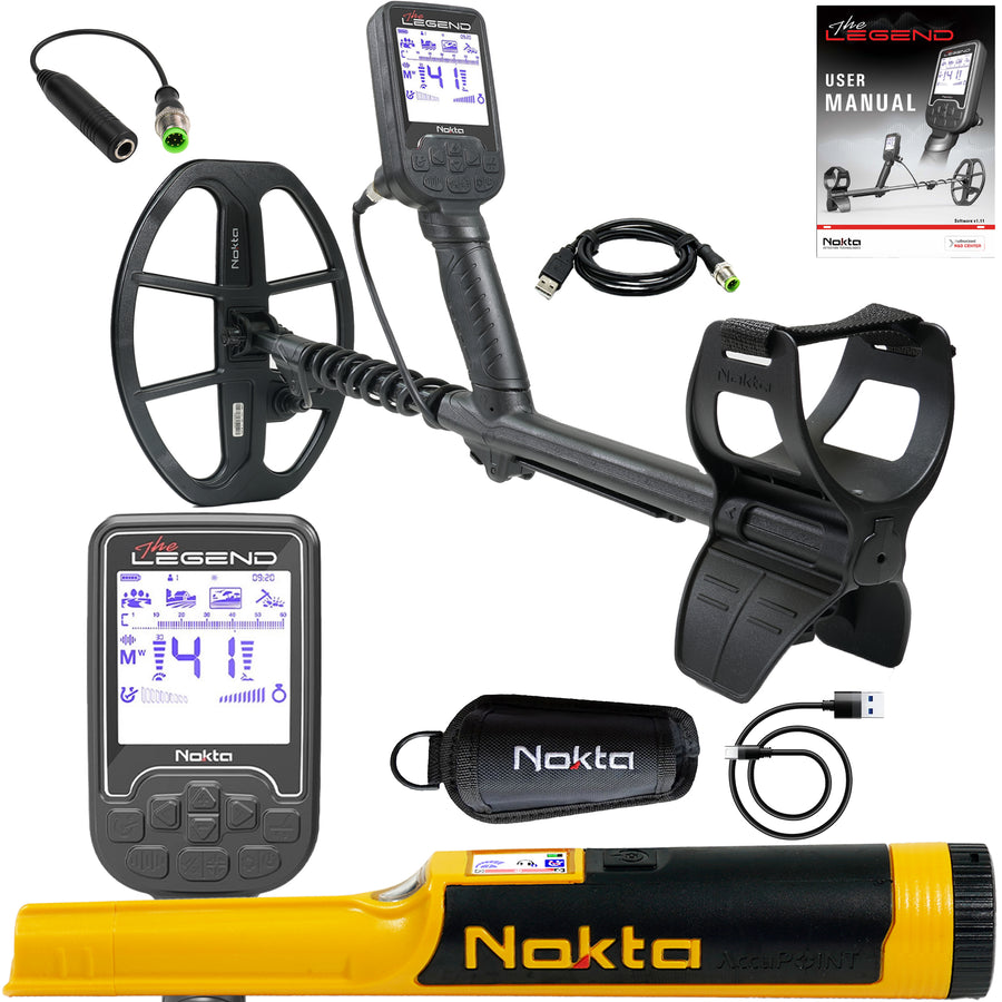Nokta Legend metal detector with carbon fiber shaft and LG30 coil bundle package