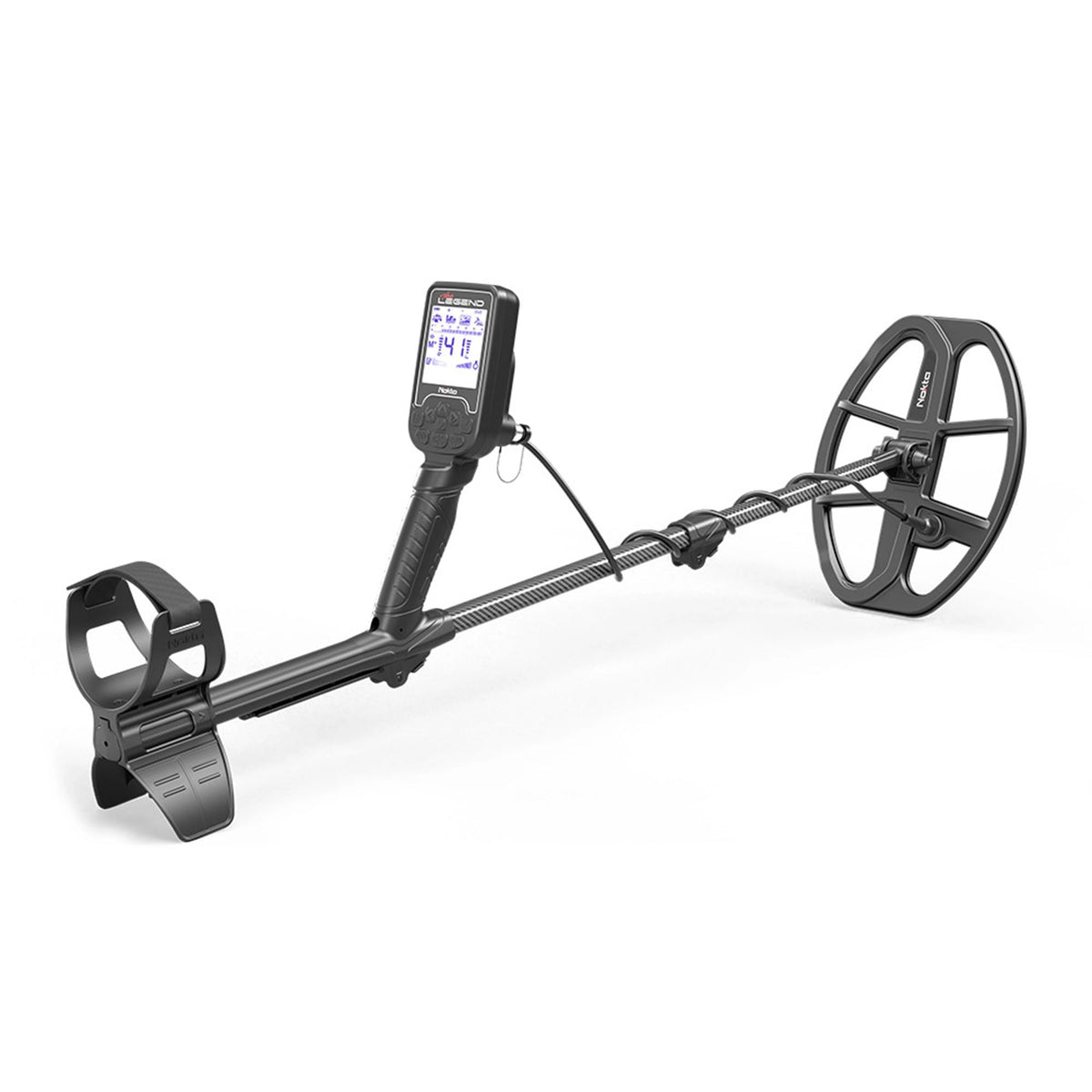 Nokta Legend metal detector shown fully assembled with adjustable carbon fiber shaft and ergonomic armrest
