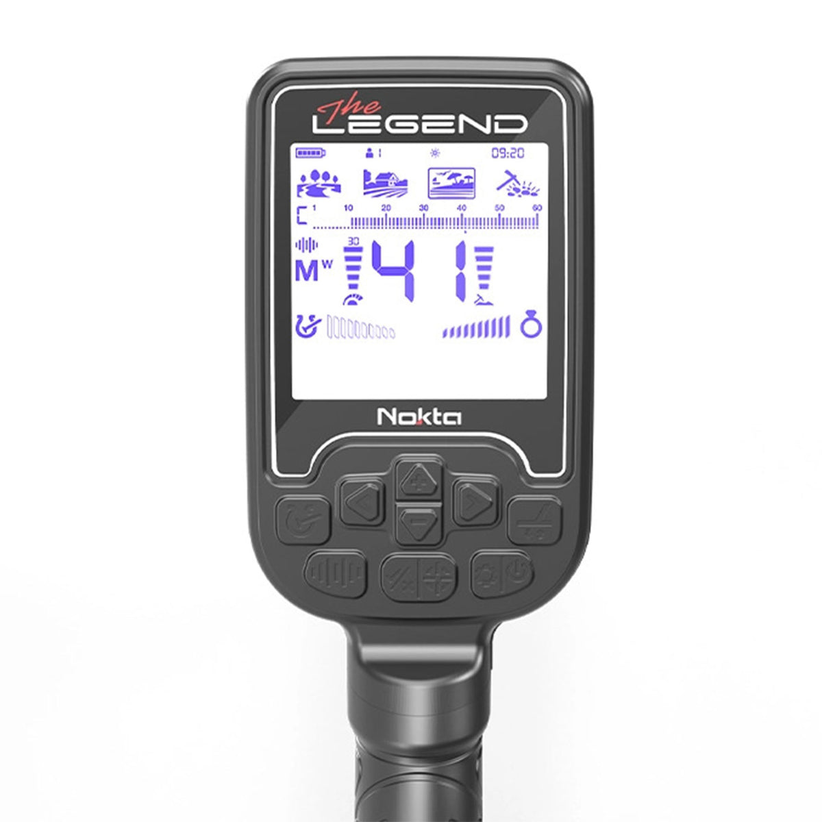Close up of the Nokta Legend control srcreen showing battery level, device settings and other search information