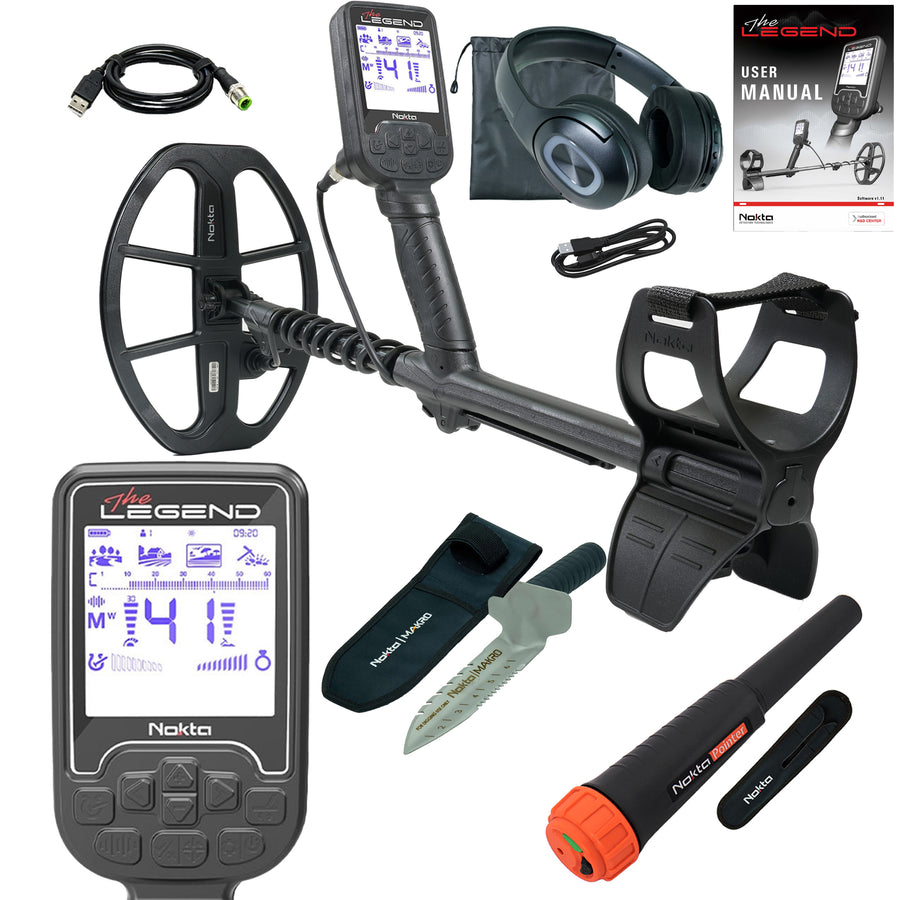Nokta Legend WHP metal detector complete package with wireless headphones and accessories