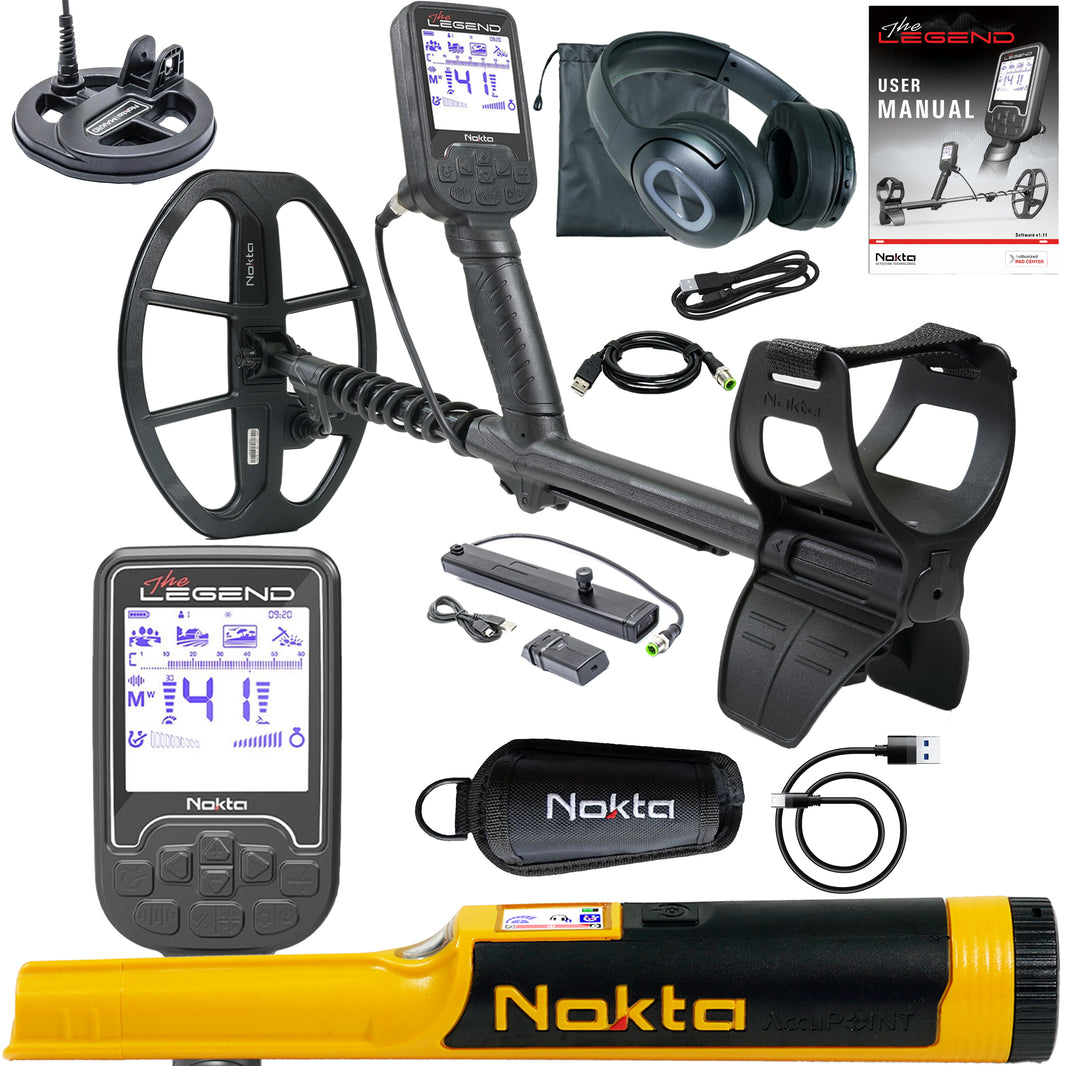 Nokta Legend SMF metal detector Pro Pack with wireless headphones and accessories displayed