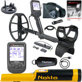 Nokta Legend SMF metal detector Pro Pack with wireless headphones and accessories displayed