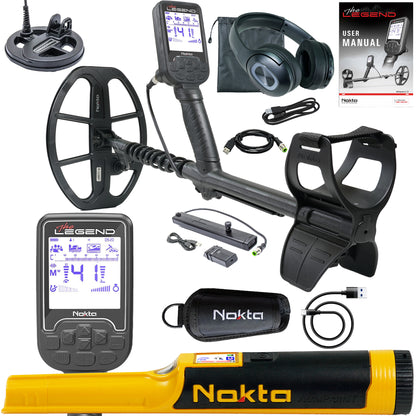 Nokta Legend SMF metal detector Pro Pack with wireless headphones and accessories displayed