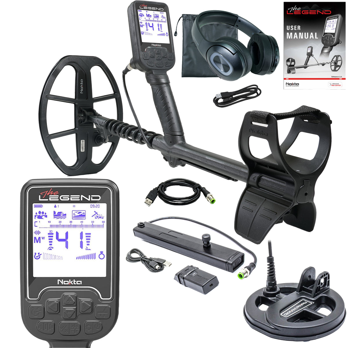 A composite image showing the Nokta Legend metal detector with 12-inch search coil, plus insets of the included  6-inch search coil, Bluetooth headphones control screen and charging cables