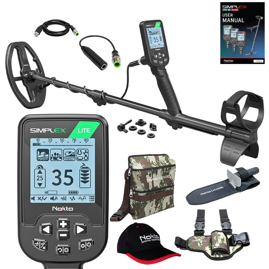Nokta Simplex LITE metal detector with complete starter pack accessories, including hat, finds bag and digging tool.
