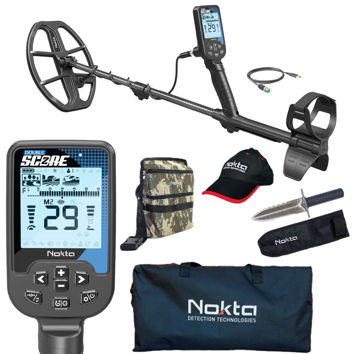 Nokta Double Score metal detector with insets of the control pod, carry bag, finds pouch, baseball cap and digging tool.
