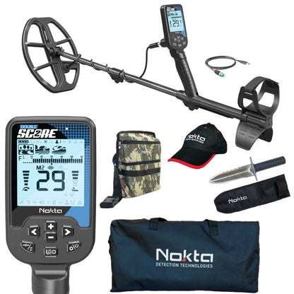 Nokta Double Score metal detector with insets of the control pod, carry bag, finds pouch, baseball cap and digging tool.