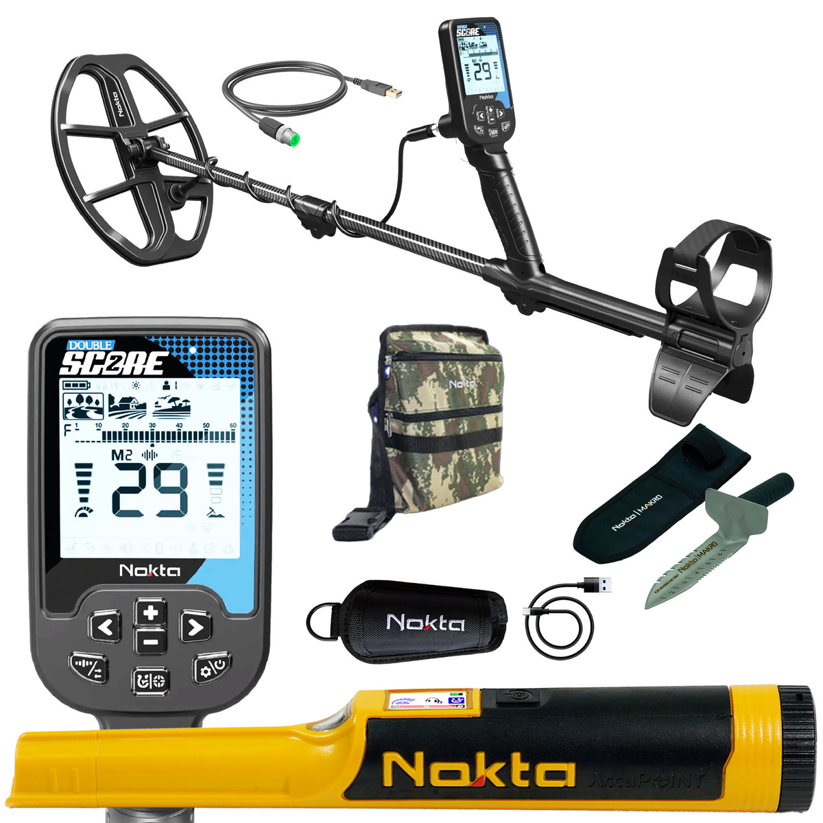 Nokta Score 2 complete bundle with metal detector, AccuPoint pinpointer, digger and finds pouch