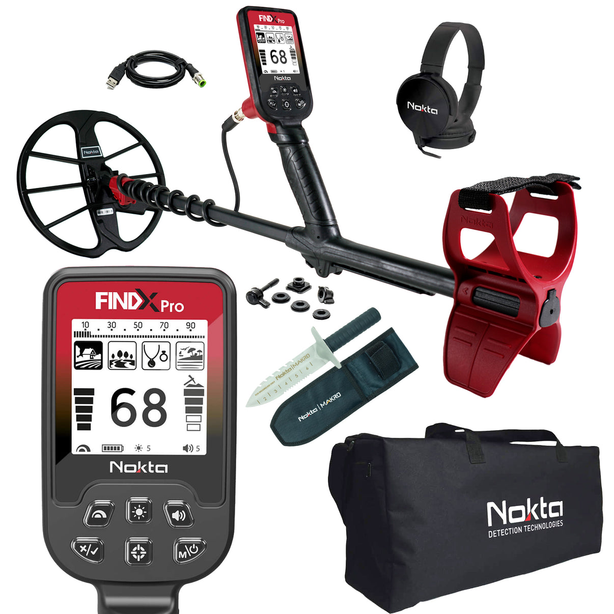 Red and black Nokta FINDX Pro metal detector with headphones, charger, carry bag, digging knife, and screen close up