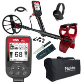 Nokta FINDX Pro complete kit showing red and black detector, headphones, charger, carry bag, and digger tool