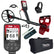 Nokta FINDX Pro complete kit showing red and black detector, headphones, charger, carry bag, and digger tool