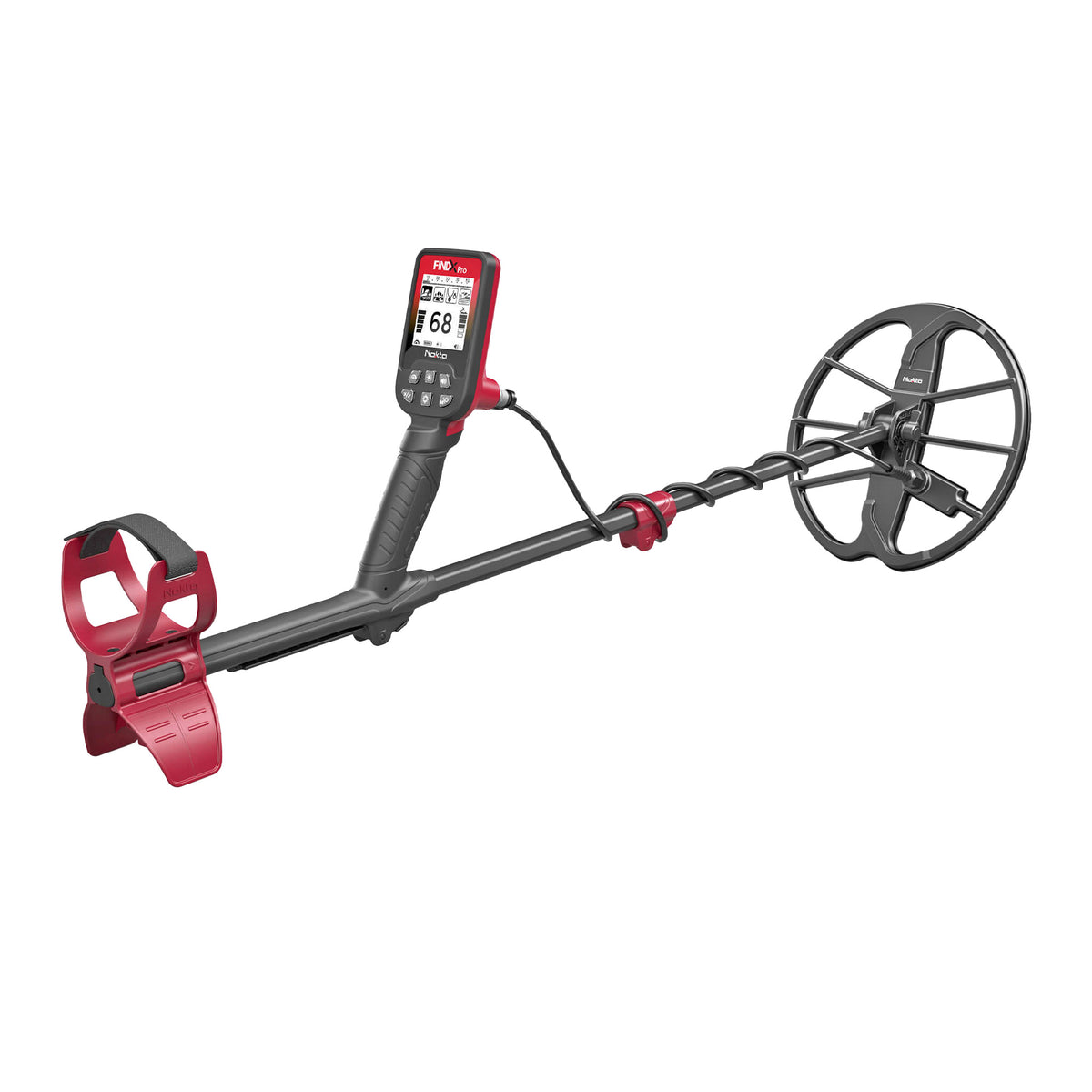 Nokta FINDX Pro metal detector three-quarter angle view showing red and black design