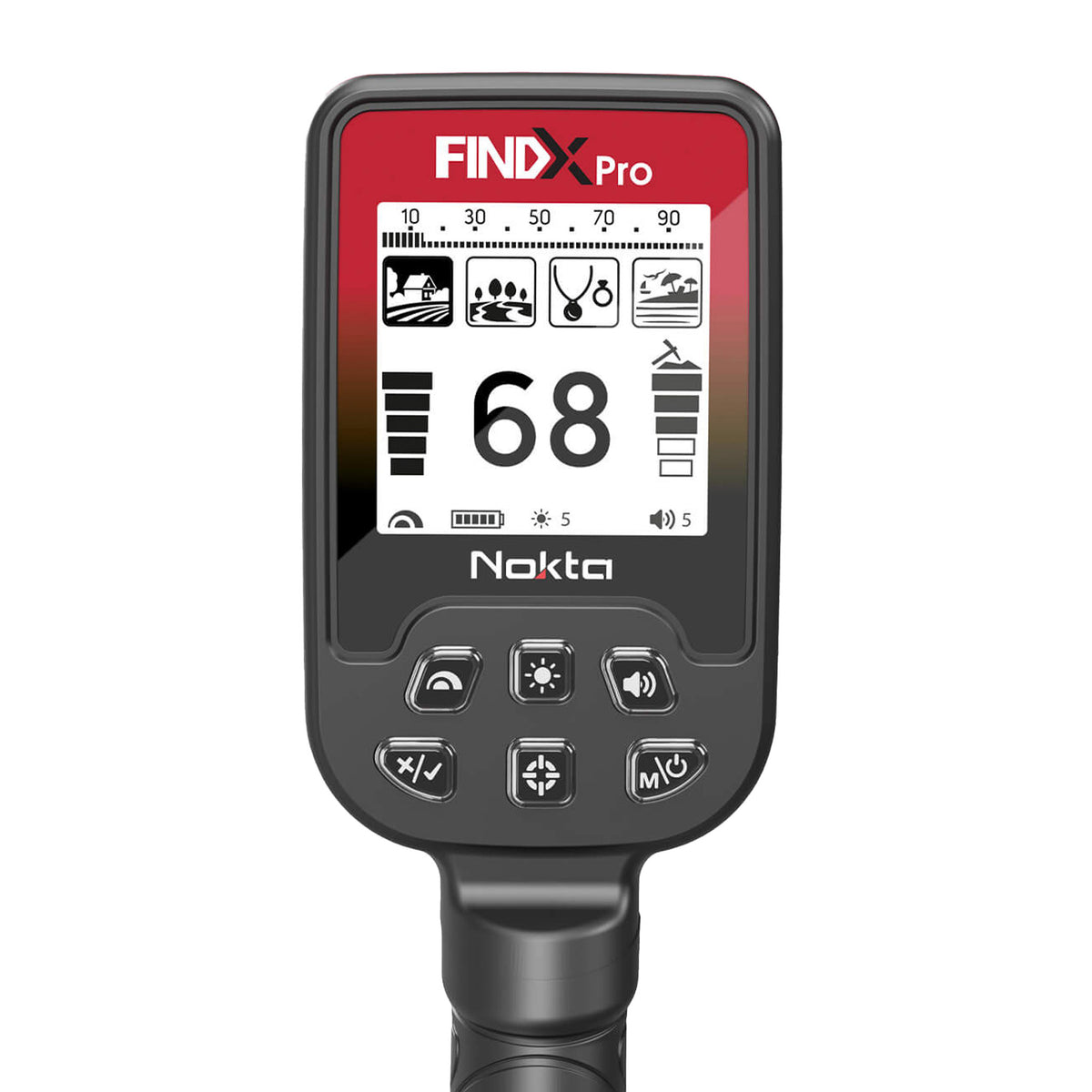 Nokta FINDX Pro LCD display screen showing Field, Park, Beach, and Jewelry search modes