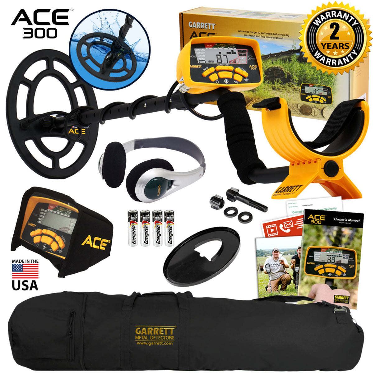 Garrett ACE 300 Metal Detector with 7" x 10" Coil and Carry Bag and accessories