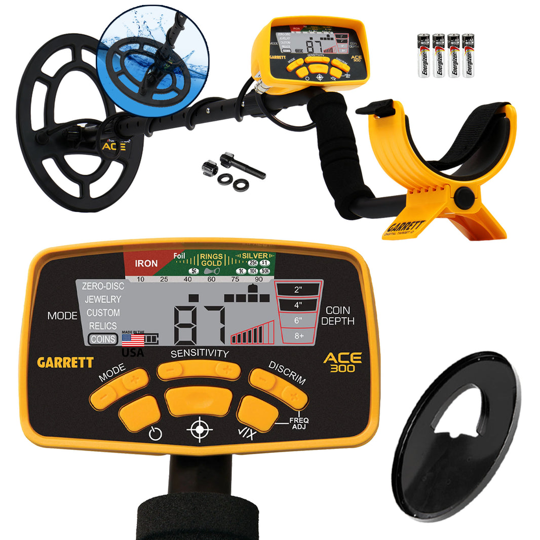 Garrett ACE 300 metal detector with yellow control housing, black adjustable shaft, and 7x10 waterproof concentric search coil.