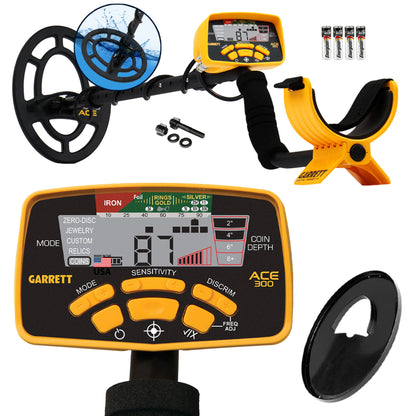 Garrett ACE 300 metal detector with yellow control housing, black adjustable shaft, and 7x10 waterproof concentric search coil.