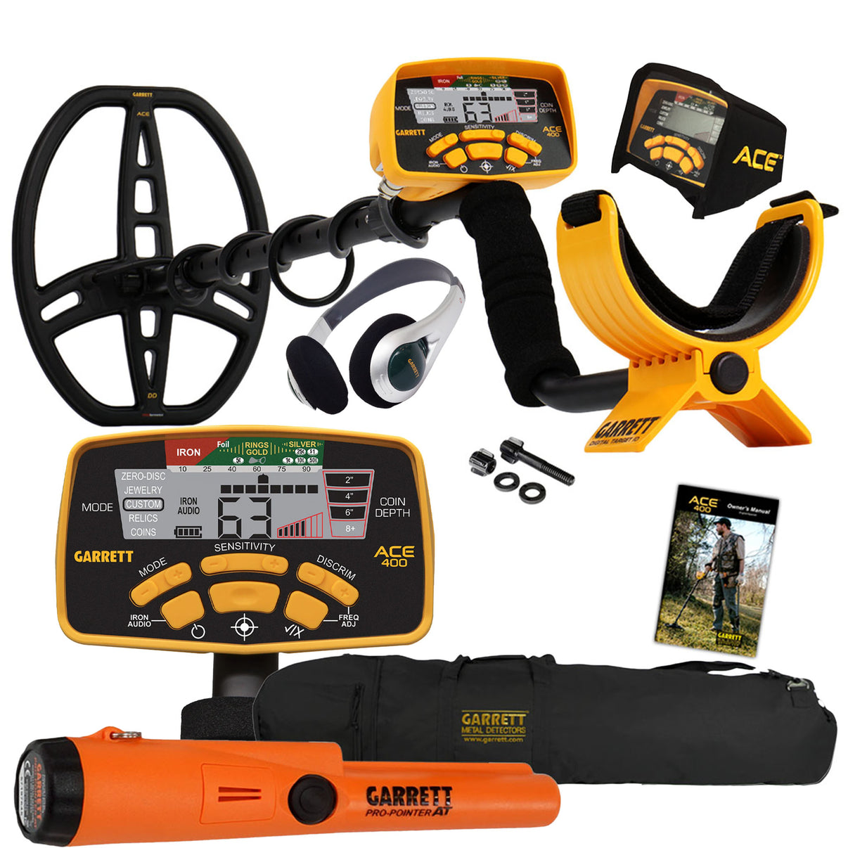 Garrett ACE 400 Metal Detector with Waterproof Coil Pro-Pointer AT and Carry Bag