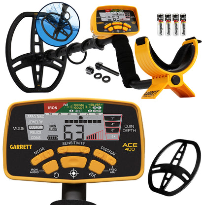 Garrett ACE 400 metal detector with yellow control housing, black adjustable shaft, and 8.5 by 11 inch DD search coil