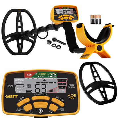 Black and yellow Garrett ACE 400 metal detector with coil cover, hardware, control box, and batteries on white background.