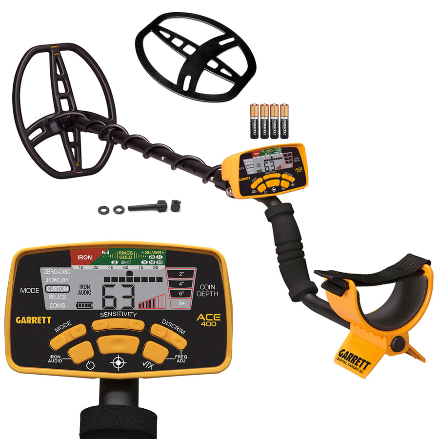 Garrett ACE 400 metal detector set with a yellow and black control unit, black coil, wrist strap, battery pack of four, and mounting hardware on a white background.