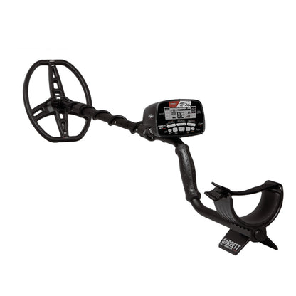 A Garrett metal detector with a black coil, digital display screen, and mounting bracket, shown against a plain white background.