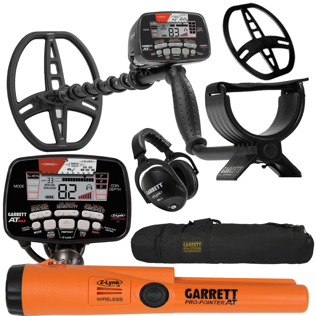 Garrett AT MAX metal detector bundle with carry bag and Pro-Pointer AT Z-Lynk pinpointer