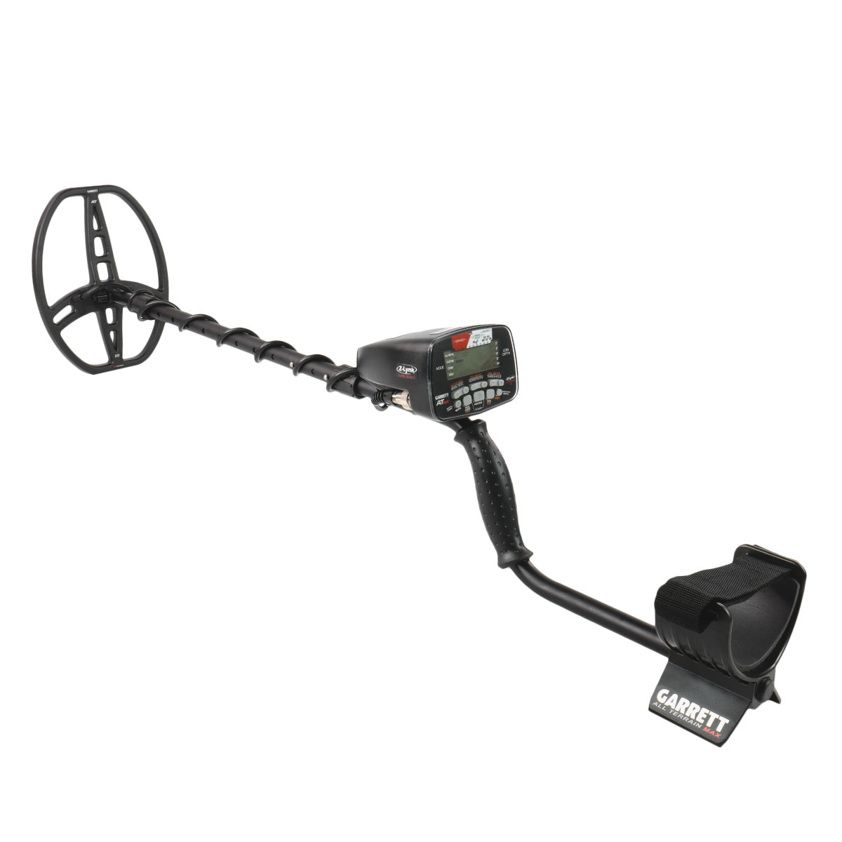 The Garrett AT MAX waterproof metal detector fully assembled and ready for treasure hunting, shown against a white backdrop