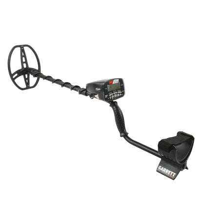 The Garrett AT MAX waterproof metal detector fully assembled and ready for treasure hunting, shown against a white backdrop