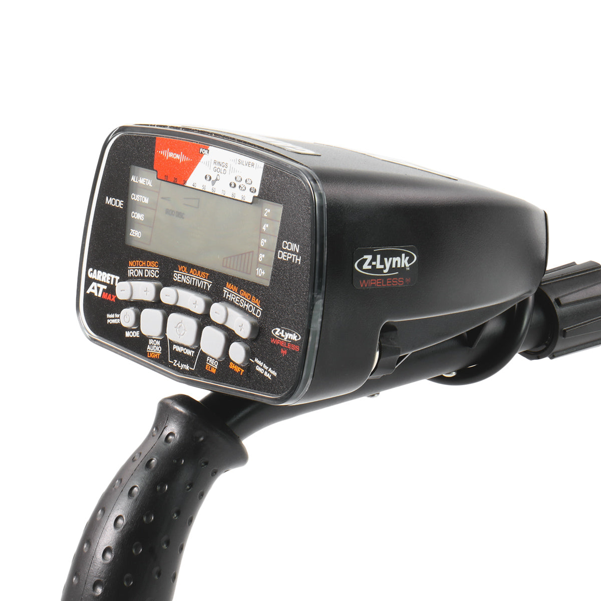 Close up of the Garrett AT MAX metal detector control pod