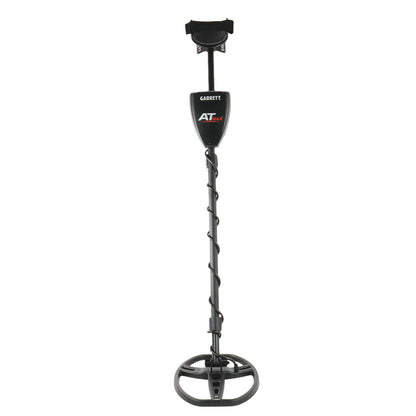A Garrett ATX2000 metal detector with a black coil, long handle, and arm strap, shown against a plain white background.