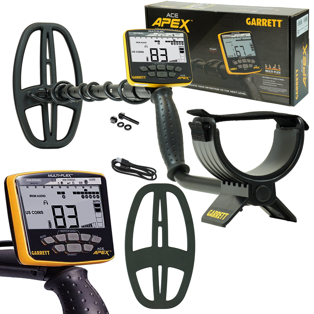 Garrett ACE Apex multi-frequency metal detector with 6x11 DD Viper coil, yellow control box, and adjustable shaft