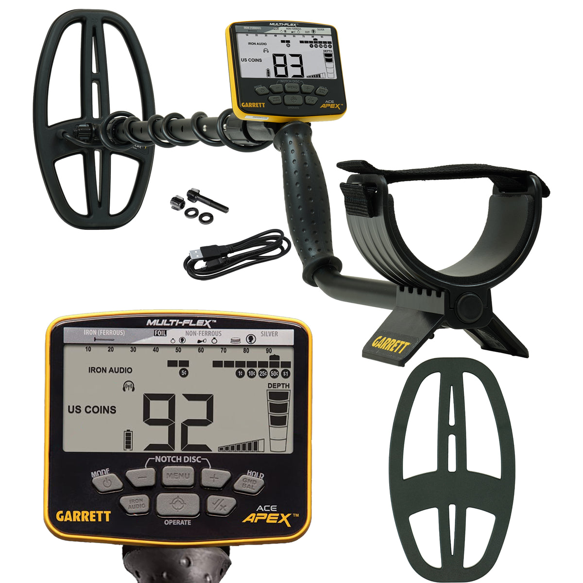 Garrett Apex Multiflex metal detector shown with its accessories, including a black coil, adjustable strap, mounting hardware, battery cable, and a close-up of the yellow and black digital control box.