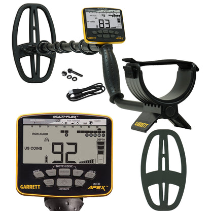 Garrett Apex Multiflex metal detector shown with its accessories, including a black coil, adjustable strap, mounting hardware, battery cable, and a close-up of the yellow and black digital control box.