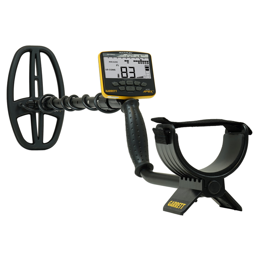 Garrett ACE Apex metal detector kit black and yellow with Multiflex coil, digital display control box on white background.